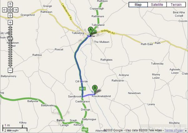 Google maps screen shot of directions from Tullow to get in.