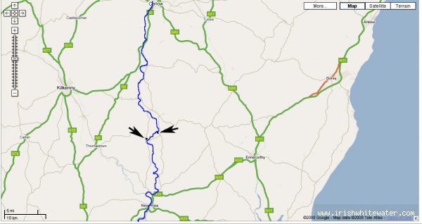 large map of barrow from carlow town to new ross river is in blue and clash and grauig are marked by arrows